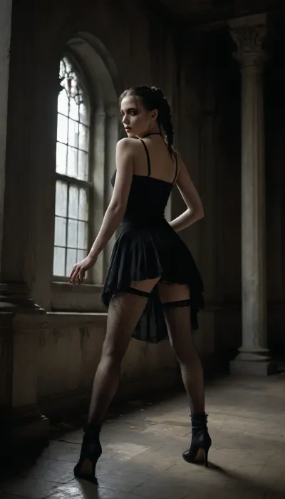 "A melancholic, gothic fantasy scene featuring a 30-year-old pale-skinned goth woman with a strikingly slender, flat-chested figure and perky nipples, dancing with sensual abandon in an abandoned, ruined space. Her wide hips sway suggestively to the hypnotic pulse of darkwave music, her movements dripping with melancholic sexuality. She wears towering 18cm black high-heeled sandals that elongate her legs—her most arresting feature—enhanced by fishnet stockings or intricate garter straps. Her alternative goth hairstyle, (think sharp undercuts, raven-black waves, or asymmetrical braids), frames her angular face, her expression lost in a trance of dark ecstasy. The setting is a decaying, once-opulent ballroom or forgotten cathedral—crumbling pillars, shattered stained glass, and broken chandeliers casting eerie, flickering light. Dust motes swirl in dim beams of moonlight, amplifying the dramatic, mysterious atmosphere. Shadows stretch and warp around her as she moves, her pale body almost glowing against the desaturation of the ruins. The mood is cinematic, a chiaroscuro of deep blacks and ghostly whites, with hints of blood-red or cobalt blue to punctuate the gothic aesthetic. **Artistic Influences, **, Photography, Erwin Olaf’s dark theatricality, Eugenio Recuenco’s narrative surrealism, Painting, Zdzisław Beksiński’s haunting textures, Victorian-era mourning portraits, Lighting, High contrast, Rembrandt-esque shadows with a modern edge **Technical Specs, Ultra-detailed, 8K resolution, Macro emphasis on the textures, her fishnets, the cracked marble floor, the glint of her heels" *artful* eroticism, emphasizing mood, mystery, and the sublime tragedy of her dance.
