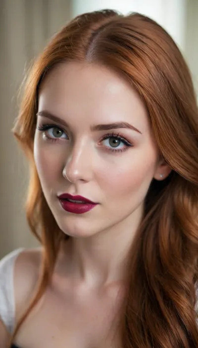 ziprealism, (24yo, intimate sensual esthetic, unconventional framing, Dutch Angle:1.2), (shy hopeful eye contact, soft giggle, bashful self-conscious pose, hand playing in hair:1.6), (f/2.8, shallow depth of field, subtle bokeh), (closeup, high angle view, view from side, shot in profile, focus on eyes:1.8), (satiny rich aubrun-ginger hair with dark roots, straightened long hair, luxurious hair obscuring face, dark full eyebrows:1.4), (athletic body, sexy shelf top corset:1.4), (full lips, soft pillowy lips, moist lips, vibrant red lipstick:1.2), (natural skin texture, porcelain skin, long thick eyelashes, delicate innocent facial features, large expressive doe eyes, slightly downturned eyes:1.2), (cozy bedroom), (natural breasts, soft breasts, slender waist), (strong defined jawline, large expressive eyes, catchlights), Stable-Yogis-Makeup-Enhancer-XL