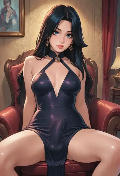 (reiq style), futa 21 years old, black hair, long haircut, medium breasts, sits, legs spread, sexy dress, huge cock bulge, balls bulge, Melkor Mancin artstyle, score_9, score_8_up, score_7_up, <lora:cartoon_stickers_xl_v1:.8>, <lora:ratatatat74-000050:1.3>