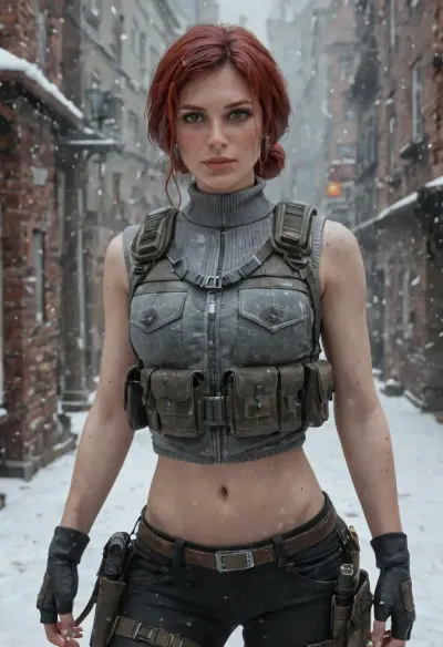 Female version of Bane from The Dark Knight Rises, (Triss Merigold), college woman, ((young woman:1.7), (youthful face:1.3), (petite:1.3), short, slim, slender), (tiny breasts), . Wearing the iconic black breathing mask with silver accents redesigned to fit her face, tactical military vest, sleeveless, armored pants, and fingerless gloves. Dark hair tied back tightly or shaved at the sides for a hardened look. Standing in a ruined Gotham street with fire and debris around her, snow falling, exuding dominance and menace. Ultra-realistic cinematic art, highly detailed, dramatic gritty lighting, atmosphere of strength, danger, and control.
