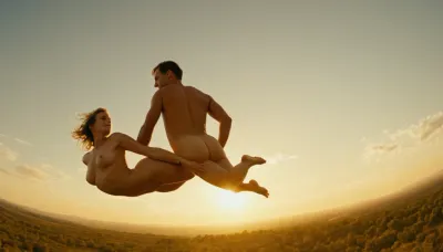 Cinematic, wide angle, 35mm, golden hour, 1 naked man, 1 naked woman, couple has sex while skydiving.