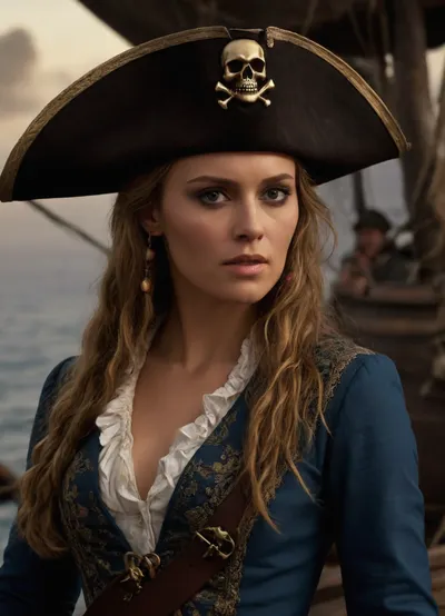 ((Elizabeth swann)), Pirates of the carribean, (skull pirate hat), hyper realistic face, detailed face, female pirate queen, hero view, action pose, extremely beautiful detailed piercing eyes, cinematic scene, scenery, detailed background, masterpiece, best quality, high quality, absurdres, very detailed, high resolution, sharp, sharp image, 8k, vivid, colorful, h41ry, <lora:h41ry:.8>