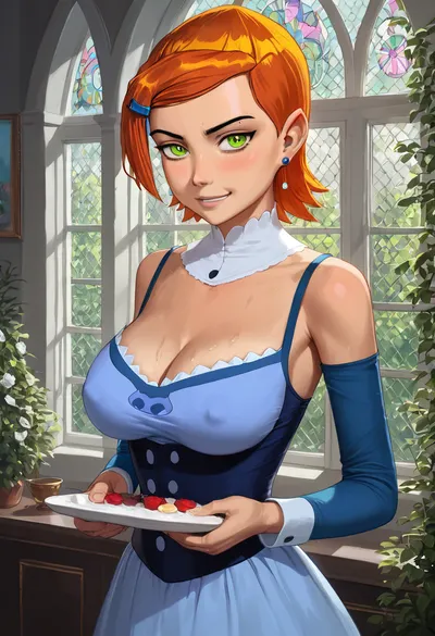 masterpiece, best quality, photorealistic, 17th century lady, (milf:1.6), (very beautiful:1.4), (big natural tits:1.6), (saggy breasts:.8), curvaceous, Victorian era dress with deep cleavage, heaving breasts, garden of castle, NEGATIVE_HANDS, hoopdress, gwen, tennyson, (/Ben10), /, (ultra, HD, quality, details), bright, orange, hair, short, (green, eyes), <lora:bab4d033-acad-4a4e-b6fa-5dda2bad3471.TA_trained:1.7>, <lora:crowd_notrigger:.2>, <lora:Gwen Tennyson (Ben10) - XL SCXL V1.0:.8>