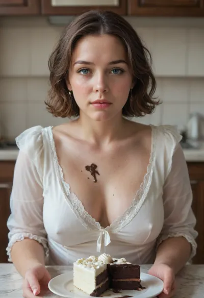 Realistic style, realistic facial features, single 20-year-old woman, straight brown hair, ice-blue eyes, short haircut with fringe, white tight-fitting semi-open blouse, gold embroidery. In a kitchen, chubby figure, plump, overweight, large bust, tight clothing, large table with cakes and pies, glass of milk, table covered in cake crumbs and milk, blouse splattered with chocolate sauce and cream, face splattered with chocolate sauce and cream, mouth splattered with chocolate sauce and cream. Hands splattered with chocolate sauce and cream. She is a piece of cake., <lora:Chubby BBW - XL:.7>