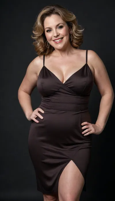 Full body image, full figured mature 60 year old woman, mature face, wearing a black decolette v-neck spaghetti strap dress, saggy, curvaceous, voluptuous, round face, chubby cheeks, wrinkles, flushed cheeks, double chin, round jawline, strong broad shoulders, thick arms, sharp light colored eyes, big eyes, (chestnut hair with gray highlights), medium layered cut, big smile, mouth open, lips parted, big lips, teeth showing, perfect teeth, joyful smile, looking at viewer, (solid blank dark background:1.3), OverallDetail, detailed skin, hoop earrings, wide hips, large bosom with a natural mature drop.New Year's Eve party