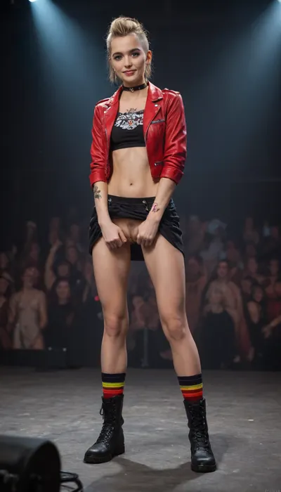 (((full body:2))), 18 year old girl, British, punk rocker, Beautiful, innocent looking, smiling, looking at the camera, blond hair, black and red leather jacket open to show breasts, shaved head, perfect small breasts, long legs, athletic, legs spread wide open, vagina wide open, pubic hair, tattoos, black boots, colorful socks, lifting skirt up, choker, standing up, looking forward, pushing hips forward, legs bent at knees, front view, at a concert, masterpiece, photo realistic, best quality