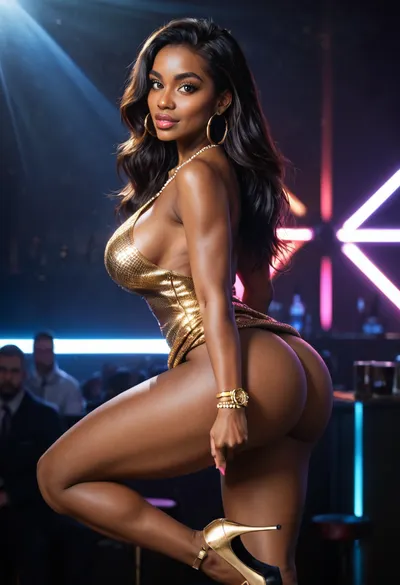 Upper body shot, Masterpiece, Ultra detailed, High res, High resolution, 1girl, solo, (African-American woman), (black woman), with perfect feet, beautiful face, (round shaped face:1.4), (round face), 35 year-old black milf, perfect skin, smooth skin, long black hair, long hair, (perfectly straight hair:1.4), hair down, large red lips, (full lips), (full cheeks), (defined jawline:1.2), perfectly manicured pink fingernails, beautiful, (dark brown eyes), thin arched eyebrows, detailed eyes, detailed hair, detailed lips, gold hoop earrings, gold necklace, gold watch, gold bangles bracelet, (Large DD-cup naturally Perky breasts), (large round ass:1.2), (wide hips), (thick thighs:1.2), (revealing breasts), (undressing), (gold short sequin cocktail dress with a draped top), (short dress), gold bengal braclets, diamond nose piercing, purple high heels, in a nightclub dancing, dynamic sexy pose, dancing, nightclub lights, backlight, blue, purple lights, haze, cinematic style, cool lighting, medium contrast, subtle rim lighting, cool television glow as the primary light source, realistic shadows, cool color grade, filmic lighting