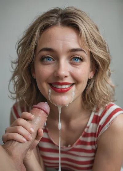 A short fit happy beautiful 30 year old woman with light blonde messy hair, blue eyes, wrinkles around her eyes and mouth, (stringy hair), (wide smile), (round face), thin eyebrows, (droopy eyes:1.2), (cum dripping down her face:1.4), (dimples), (excessive cum:1.3), (clreavage), dark red lipstick, wearing only a red and white striped shirt, (milf), giving a man a handjob blowjob, (full body view), (cum in her mouth), (cum in her hair), (ass up:1.2), (handjob:1.3), (waterwing breasts)