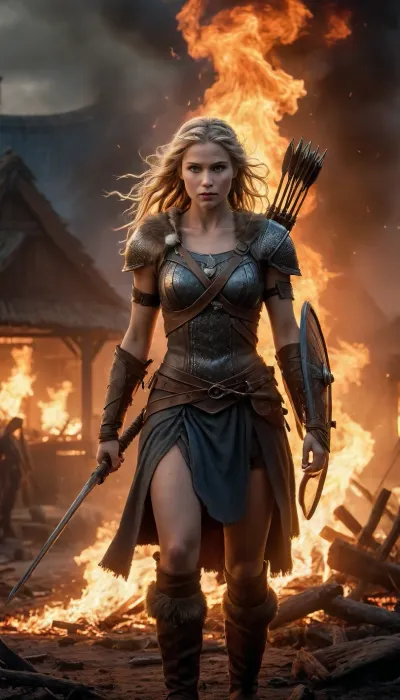 Imagine a highly detailed, photorealistic scene set in the 14th century. At the heart of this scene is a slender, fierce-looking Viking warrior woman, shooting a flaming arrow from her bow under the cover of night. Around her, a village in Britain is ablaze, with thatched-roof houses engulfed in flames. The air is thick with smoke and fire, casting an intense glow over the scene. Everywhere, people are fleeing and fighting, adding to the chaos and brutality. In the center, the Viking warrior is depicted in exquisite detail, her armor and bow meticulously rendered. The burning arrow she releases adds an epic, dramatic flair to the image. This scene captures the ferocity of Viking raids, with a strong focus on realism and atmosphere.