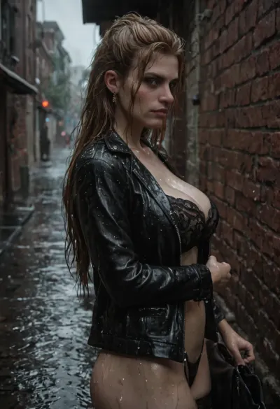 First day as Prostitute, (soaking wet:1), (wet body:1.3), (wet hair:1.4), (Anna Henrietta), college woman, ((young woman:1.3), (curvy), short, athletic), (large breasts), ashamed expression, slut makeup, stockings, high thong, lace bra, open leather jacket, slave collar, handbag, men bullying around, dark and dirty city corner, raining, water on street, at midnight, Semi side angle, ample angle camera, (detailed face, detailed eyes, detailed hair, detailed body, detailed skin, detailed breasts, detailed ass), High, Resolution, More, Details, 8K, {up}, <lora:dark:.8>