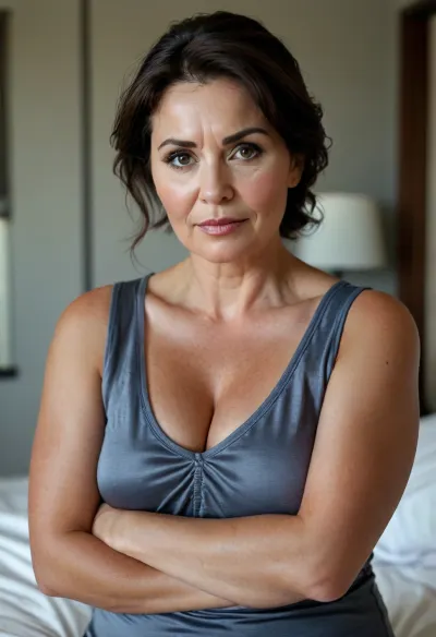 Macedonian, Sagging, ultra realistic, bbw milf wearing a v-neck sleeveless shirt standing in a modern bedroom, 50yo, milf, dark hair, bbw, round face, open mouth, looking at viewer, flirting, light eyes, (expressive eyes, striking eyes, captivating eyes, mesmerizing eyes), (detailed skin texture, skin imperfections), (age-appropriate skin condition, wrinkles, wrinkled skin, wrinkled face:.5), fabric impression, subtle contour, faint outline, satin texture, raised detail, clothing silhouette, soft material tension, gentle fabric pressure, natural body shape, realistic fabric behavior, <lora:style_lora_realis:.8>