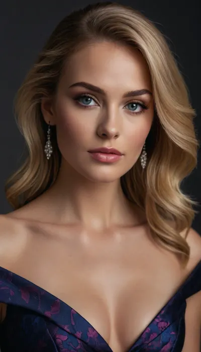 full view, 1girl is a tall, athletic, glam, sophisticated, 45yo blonde lady, voluminous, perfectly blown-out blonde hair with lustrous shine, smooth texture, and dramatic face-framing waves. Hyper-polished glam makeup, airbrushed glass-like complexion with intense highlight and sculpted contour, high-drama lashes, bold winged eyeliner, metallic rose-gold and champagne eyeshadow with radiant shimmer, precision-shaped brows, and full glossy lips in a vibrant pink sheen. High-fashion, red-carpet, luxury beauty aesthetic with ultra-sharp detail, 1girl wearing A sophisticated couture-style navy midi dress with a sculptural off-the-shoulder portrait neckline, elegantly folded into an architectural collar. Three-quarter fitted sleeves. Tailored bodice with a precise waist seam and an asymmetric structured peplum panel. Deep navy jacquard fabric featuring raised floral patterns woven in a slightly brighter blue thread, giving a textured, satin-sheen relief effect. Pencil-cut skirt falling to mid-calf, with floral motifs becoming denser toward the hem. Luxurious, high-end material, clean lines, refined silhouette, modern and polished design. 1girl wearing luxury women’s metallic heeled sandals with a slim stiletto heel, elegant minimal strap design, open toe, high-shine silver finish with clean reflective surfaces. Delicate ankle strap with a small buckle, refined modern silhouette, premium evening footwear. Photorealistic product display, soft studio lighting, high-resolution fashion accessory photography, crisp edges, perfect reflections, smooth metallic texture