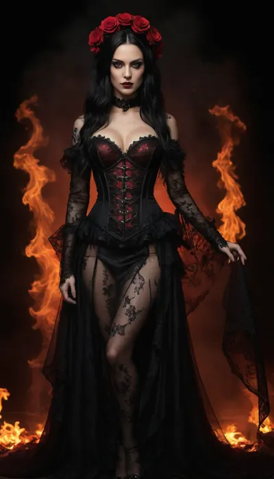 A full-body portrait of a 45-year-old woman with long black hair, tall, elegant, and terrifying. She appears as a hellfire demon-bride. Her gothic black bridal outfit includes a black satin corset with structured cups, front busk closures, semi-sheer lace side panels with ornate baroque embroidery, and dramatic ruffled black silk bursting outward like dark flames. Her sheer black veil glows faintly with ember-like edges, and vivid red roses smolder in her hair as if heated from within.

She wears high-waisted black panties, black fishnet stockings, and a long sheer lace skirt embroidered with dark floral patterns that appear charred at the edges. Her pointed black heels glint like obsidian. Her makeup is extravagant and supernatural, glowing ember-like eyeshadow, heavy winged eyeliner, exaggerated lashes, sharply carved brows, metallic crimson lips, and subtle cracks of glowing lava beneath the skin.

The environment is a hellish landscape, roaring infernos, rising ash, volcanic stone cliffs, rivers of molten lava casting orange-red highlights across her figure, firelight reflecting in swirling smoke. Jagged demonic silhouettes loom in the distant flames. Dark mist blends with burning embers drifting through the air. The atmosphere is apocalyptic, powerful, and supernatural.

Ultra-detailed textures, fiery lighting, demonic fantasy horror aesthetics, SDXL quality.