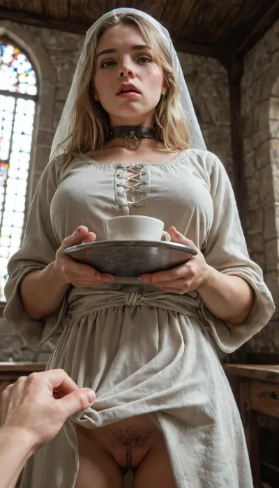 medieval castle interior, ((bottom view)), 1 girl solo, southen woman, blonde hair, brown eyes, freckles, ((begging pov:1.5)), perfect big breasts, slim fitness sexual body, hairy pussy, she is wearing a thin white cloth headscarf on head, hair hide under headscarf, (slaves bronze collar), light grey ancient tunic, belted with rope, woman standing, (she holds a tray with coffee), she stay in front of pov, ((pov hands are visible)), ((pov hands keep the edge of her tunic)), (((pov hands lift up her tunic))), detailed hair, detailed eyes, detailed face, perfect freckles, perfect skin, perfect texture, photorealistic, <lora:Super_Eye_Detailer_By_Stable_Yogi_SDPD0:.8>