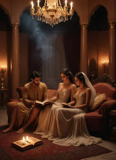 Arabian palace, arabian princess in luxury gown, reading a book to arabian prince sitting on cushion, sensuality, get each other naked, warm lightning, candles, smoke of incense realistic, nightly, sensual atmosphere