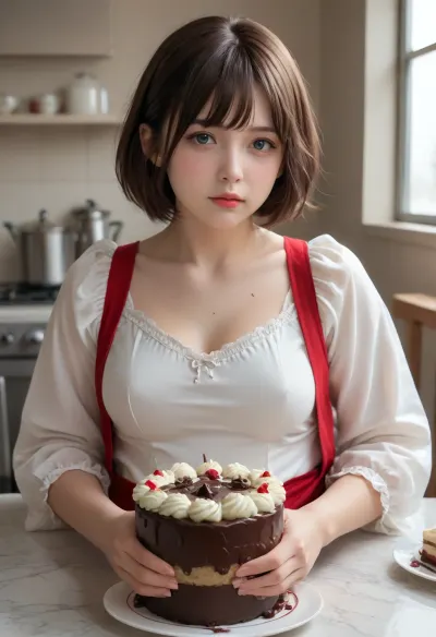 Realistic style, realistic facial features, single 20-year-old woman, straight brown hair, ice-blue eyes, short haircut with fringe, white tight-fitting semi-open blouse, gold embroidery. In a kitchen, chubby figure, plump, overweight, large bust, tight clothing, large table with cakes and pies, glass of milk, table covered in cake crumbs and milk, blouse splattered with chocolate sauce and cream, face splattered with chocolate sauce and cream, mouth splattered with chocolate sauce and cream. Hands splattered with chocolate sauce and cream. She is a piece of cake., <lora:Chubby BBW - XL:.7>