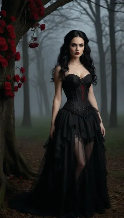 A full-body portrait of a 45-year-old woman with long black hair, tall, elegant, and ominous in presence. She wears a gothic black bridal-inspired outfit. Her corset is made of black satin with structured cups, front busk closures, and semi-sheer lace side panels featuring ornate baroque embroidery. Ruffled black silk accents frame the bust and waist, adding dramatic volume and texture.

A dark, sheer tulle veil with a lightly wired edge falls to her elbows. Vibrant red roses are woven through her hair beneath the veil, creating a striking contrast against the black fabrics.

Her lower half features high-waisted black panties, black fishnet stockings, and a long flowing sheer black lace skirt embroidered with intricate floral patterns and scalloped hem details.

She carries a small bouquet purse made of black fabric roses. Pointed black high heels complete the outfit. Her makeup is extremely glamorous and outlandish, exaggerated lashes, sculpted dark brows, intense contouring, shimmering smoky eyes, heavy eyeliner, and glossy deep-red lips.

The setting is a fantasy horror environment, swirling dark fog, drifting mist, faint moonlight filtering through dead twisted trees, a ghostly atmosphere. Subtle silhouettes move in the background, creating a sense of dread. The ground is damp stone, reflecting faint light. The mood is eerie, cinematic, and supernatural.

Ultra-detailed, high-resolution fashion and fantasy photography hybrid, dramatic lighting, rich black textures, glowing red accents, sharp focus, SDXL quality, dark gothic horror aesthetic.