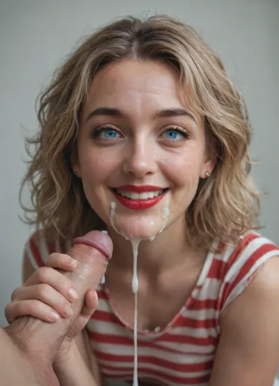 A short fit happy beautiful 30 year old woman with light blonde messy hair, blue eyes, wrinkles around her eyes and mouth, (stringy hair), (wide smile), (round face), thin eyebrows, (droopy eyes:1.2), (cum dripping down her face:1.4), (dimples), (excessive cum:1.3), (clreavage), dark red lipstick, wearing only a red and white striped shirt, (milf), giving a man a handjob blowjob, (full body view), (cum in her mouth), (cum in her hair), (ass up:1.2), (handjob:1.3), (waterwing breasts)