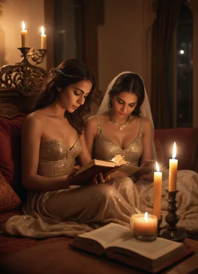 Arabian palace, arabian princess in luxury gown, reading a book to arabian prince sitting on cushion, sensuality, undressing, warm lightning, candles, smoke of incense, realistic, nightly, sensual atmosphere