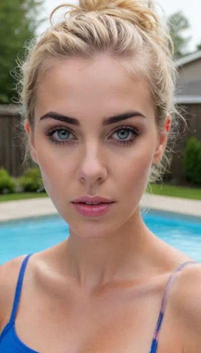 ziprealism, (40yo milf, hot wife, fierce slavic woman, sensual candid snapshot esthetic:1.6), (bold eye contact, smug grin, confident pose:1.2), (f/2.8, shallow depth of field, subtle bokeh, golden hour, split lighting), (focus on eyes, medium full shot:1.4), (bleach blonde hair with dark roots, short hair, swept-back hairstyle, slicked back hair, frizzy hair, trimmed angular eyebrows, dark eyebrows, dark sensual makeup:1.6), (fitness model, athletic body, lean body:1.4), (full lips, soft lips), (natural skin texture, porcelain skin, long thick eyelashes, large expressive doe eyes, slightly downturned eyes), (high cheekbones, round face, soft facial structure), (backyard pool, wet hair, wet skin, wet face, soaking wet, drenched:2), (slim waist, wide hips:1.4), Stable-Yogis-Makeup-Enhancer-XL