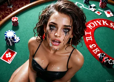 At Las vegas casino a gambling addicted beautiful sexy lady lost all her money at a poker table, she is crying while mascara running down her cheek depressed from losing all her saving, a pro male gambler offer her money to be his whore, she agrees by sitting on him getting anal fucked by him on the poker table, ((extreme wide high angle shot from above))