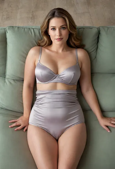 View from above, Mature Full figured, Housewife, 45yo, curvaceous, mature woman, white T-shirt, heather grey highwaist full brief satin panties, fabric impression, subtle contour, faint outline, texture, clothing silhouette, soft material tension, gentle fabric pressure, natural body shape, realistic fabric behavior, thin stretch fabric hugging contours, soft fullness, natural ptosis, relaxed sagging shape, squishy volume, gentle cleavage, rounded abdomen, draped fabric hinting bust shape, side contour bust profile, mature bust realism, torso curvature, plush lower torso, soft contour, gentle fullness across hips, thick shapely thighs, natural softness, complementary stance, soft hourglass silhouette, hips wider than waist, natural body proportions, full rounded hips, outward curve, balanced figure, naturally curvy figure, cinched waist, balanced proportions, ample bust, gentle drape, age-appropriate physique, photorealistic, plus-size figure, tight stretch fabric, natural body shape impression, tasteful outfit, laying on back, relaxed pose, legs apart, legs up, couch, natural realism, puffy lips