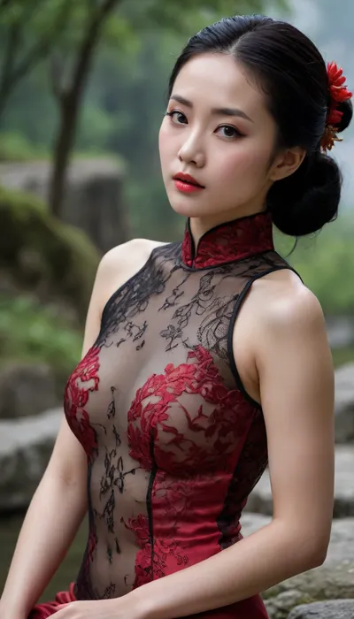 Déesse chinoise ultime submergée par le désir, 24 ans, peau de porcelaine luisante de sueur, yeux noirs immenses fous de luxure, cheveux raides noir corbeau en bataille collés à son visage et seins.

Son qipao rouge sang autrefois élégant est littéralement arraché, déchiré de haut en bas sur le devant, lambeaux pendants qui ne cachent plus rien, fentes latérales éventrées jusqu’à la ceinture cassée, tissu trempé qui colle uniquement là où il reste. Poitrine nue et parfaite, tétons dressés luisants, string rouge déchiré sur le côté, tout exposé sans aucune retenue.

À genoux à moitié assise sur les marches froides d’un tronçon désert de la Grande Muraille au crépuscule profond, une main écartant le dernier bout de tissu, l’autre entre ses cuisses, dos cambré à l’extrême, bouche ouverte dans un gémissement silencieux, regard caméra qui vous consume vivant.

Éclairage dramatique rougeoyant du soleil mourant, lambeaux de soie comme du sang, sueur et brume partout, hyperréaliste 16k, détails crus et parfaits, érotisme absolu sans limite