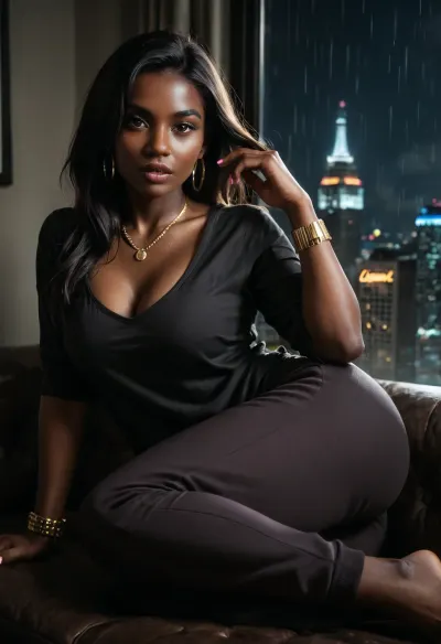 Upper body shot, Masterpiece, Ultra detailed, High res, High resolution, 1girl, solo, (African-American woman), (black woman), with perfect feet, beautiful face, (round shaped face:1.4), (round face), 35 year-old black milf, perfect skin, smooth skin, long black hair, long hair, (perfectly straight hair:1.4), hair down, large red lips, (full lips), (full cheeks), (defined jawline:1.2), perfectly manicured pink fingernails, beautiful, (dark brown eyes), thin arched eyebrows, detailed eyes, detailed hair, detailed lips, gold hoop earrings, gold necklace, gold watch, gold bangles bracelet, (Large DD-cup naturally Perky breasts), (large round ass:1.2), (wide hips), (thick thighs:1.2), (Fully clothed:1.6), (grey sweatpants), (loose dark grey sweatpants), (sweat pants), a loose mid-sleeve black button down linen shirt that is slightly transparent, semi-transparent black shirt, black laced bra, barefoot, Relaxing on a large sectional sofa, laying on her side on comfortable sofa, Modern high-rise apartment interior, New York City skyscraper, nighttime city skyline outside, rain streaking down large windows, deep night darkness beyond the glass, (lights mostly off), low-key moody atmosphere, cinematic style, cool lighting, medium contrast, subtle rim lighting, cool television glow as the primary light source, realistic shadows, cool color grade, filmic lighting, dark, chiaroscuro, low-key, <lora:zavy-cntrst-sdxl:.3>, <lora:dark:.1>