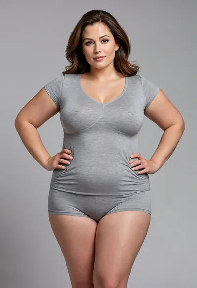 1mom, Full figured, Housewife, 45yo, curvaceous, mature woman, white T-shirt, heather grey shorts, fabric impression, subtle contour, faint outline, texture, clothing silhouette, soft material tension, gentle fabric pressure, natural body shape, realistic fabric behavior, thin stretch fabric hugging contours, soft fullness, natural ptosis, relaxed sagging shape, squishy volume, gentle cleavage, rounded abdomen, draped fabric hinting bust shape, side contour bust profile, mature bust realism, torso curvature, plush lower torso, soft contour, gentle fullness across hips, thick shapely thighs, natural softness, complementary stance, soft hourglass silhouette, hips wider than waist, natural body proportions, full rounded hips, outward curve, balanced figure, naturally curvy figure, cinched waist, balanced proportions, ample bust, gentle drape, age-appropriate physique, photorealistic, plus-size figure, tight stretch fabric, natural body shape impression, tasteful outfit, confident stance, natural realism, puffy lips