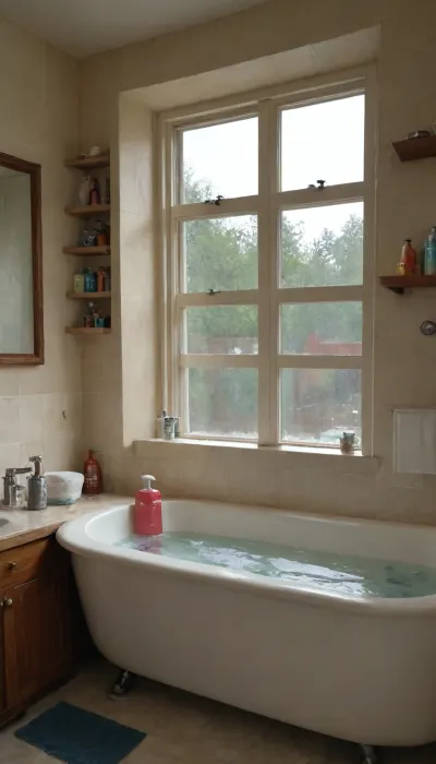 JMF, scenery, window, faucet, bathtub, bathroom, indoors, tile, wall, tiles, <lora:JMF_SDXL_V3:.8>