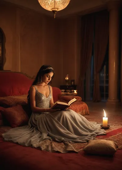 Arabian palace, arabian princess in luxury gown, reading a book to arabian prince sitting on cushion, sensuality, undressing, warm lightning, candles, smoke of incense, realistic, nightly, sensual atmosphere