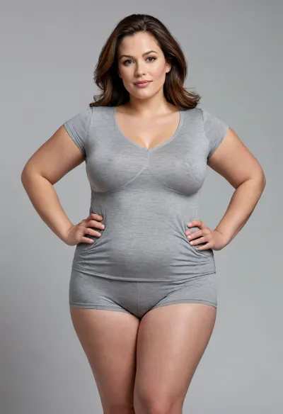 1mom, Full figured, Housewife, 45yo, curvaceous, mature woman, white T-shirt, heather grey shorts, fabric impression, subtle contour, faint outline, texture, clothing silhouette, soft material tension, gentle fabric pressure, natural body shape, realistic fabric behavior, thin stretch fabric hugging contours, soft fullness, natural ptosis, relaxed sagging shape, squishy volume, gentle cleavage, rounded abdomen, draped fabric hinting bust shape, side contour bust profile, mature bust realism, torso curvature, plush lower torso, soft contour, gentle fullness across hips, thick shapely thighs, natural softness, complementary stance, soft hourglass silhouette, hips wider than waist, natural body proportions, full rounded hips, outward curve, balanced figure, naturally curvy figure, cinched waist, balanced proportions, ample bust, gentle drape, age-appropriate physique, photorealistic, plus-size figure, tight stretch fabric, natural body shape impression, tasteful outfit, confident stance, natural realism, puffy lips