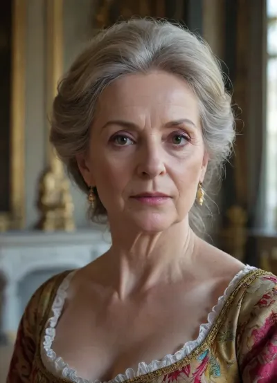 ultra-realistic, 8K HD, thin 60-years old woman, detailed face, detailed hair, in Versailles Castle