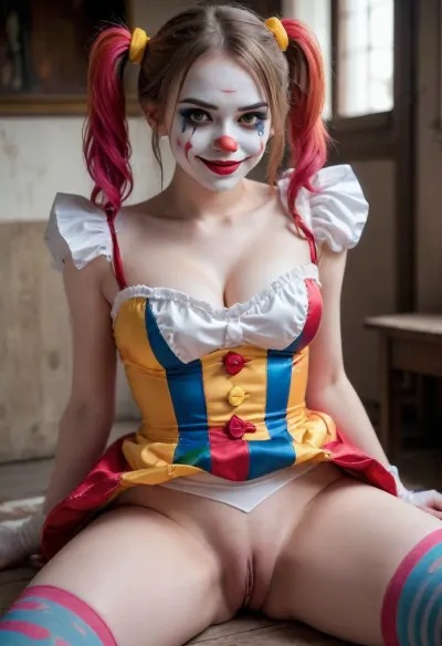young beautiful girl 18 years old clown girl with big breasts, wearing a pulled-up dress without any underwear, laying on her back with spread legs, no panties, long striped socks, clown makeup, skinny, white face paint, detailed vagina, looking at the viewer, back long high twin multi-colored ponytails, excited, aroused, tack sharp, 4k, dslr