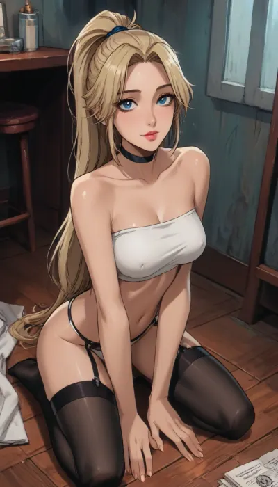 Score_9, score_8_up, score_7_up, reiq meets markgavatino art style, 22 year old, white micro panties, ((white tube-top)), (black stockings with garters), (garters), (makeup), black choker, ((woman, kneeling on floor)), erected nipples, blue eyes, ((white long ponytail)), on knees, looking up at you, cute, doodle, ratatatat74, <lora:cutedoodle_XL-000012:.8>, <lora:ratatatat74-000050:.8>, <lora:NEOTOKIOXL_0.2_RC:.8>, <lora:outline_xl_kohaku_delta_spv5x:.8>, <lora:attractive_notrigger:.8>