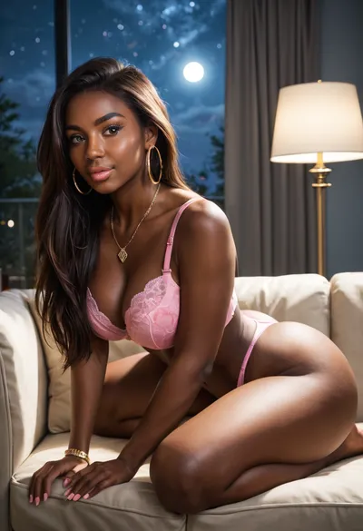 Masterpiece, Ultra detailed, High res, High resolution, 1girl, solo, (African-American woman), ((caramel skin tone)), (black woman:1.2), with perfect feet, beautiful face, (round shaped face:1.4), (round face), 35 year-old black milf, perfect skin, smooth skin, long black hair, long hair, (perfectly straight hair:1.4), hair down, large red lips, (full lips), (full cheeks), (defined jawline:1.2), perfectly manicured pink fingernails, beautiful, (dark brown eyes), thin arched eyebrows, detailed eyes, detailed hair, detailed lips, gold hoop earrings, gold necklace, gold watch, gold bangles bracelet, (Large DD-cup naturally Perky breasts), (large round ass:1.2), (wide hips), (thick thighs:1.2), , (wearing solid deep pink bra and solid deep pink thong), , (leaning on white fabric sectional sofa), , (in a dark modern living room), with, (brown coffee table), (dark and moody atmosphere:1.2), cool tones, (night time), stars in the sky, (moonlight), shallow depth of field, dramatic light, cinematic, photorealistic, 85mm lens, ultra-high resolution, (subtle moonlight illuminating the room), (cool light tones), backlight, (blue lighting:1.4), (light from tv as the main light source), (no lamps)