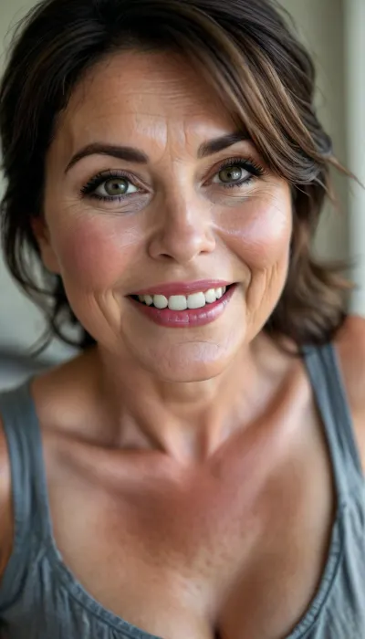 Sagging, ultra realistic, chubby milf wearing a v-neck sleeveless shirt standing in a modern bedroom, 50yo, milf, dark hair, bbw, round face, open mouth, looking at viewer, big smile, flirting, light eyes, (expressive eyes, striking eyes, captivating eyes, mesmerizing eyes), (detailed skin texture, skin imperfections), (age-appropriate skin condition, wrinkles, wrinkled skin, wrinkled face:.5), <lora:style_lora_realis:.8>