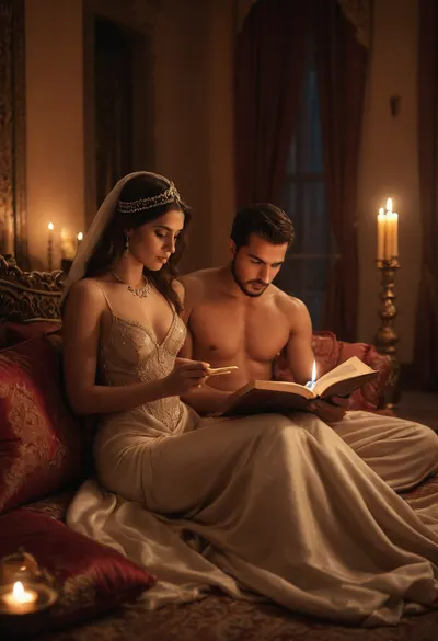 Arabian palace, arabian princess in luxury gown, reading a book to arabian prince sitting on cushion, sensuality, get each other naked, warm lightning, candles, smoke of incense realistic, nightly, sensual atmosphere