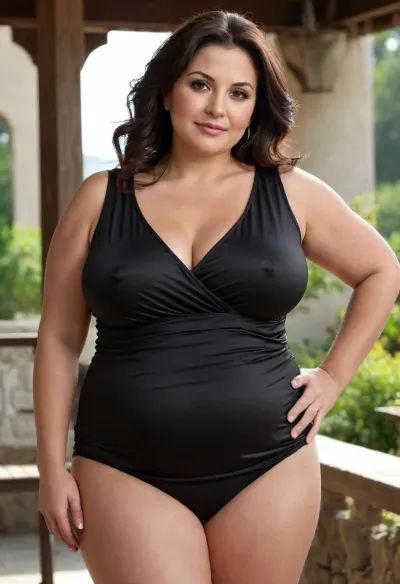 ultra realistic, photorealistic, obese Macedonian woman, 50 years old, tan skin, black hair, plus-size, bbw, chubby, curvy, full-figured silhouette, bottom-heavy body, short stocky build, wide hips, thick thighs, soft rounded abdomen, sagging ample bust, natural sagging contour, round face, light amber eyes, expressive eyes, striking eyes, captivating eyes, mesmerizing eyes, open mouth, happy expression, age-appropriate softness, realistic body texture, detailed skin texture, skin imperfections, wrinkles, tasteful clothing, comfortable outfit, black v-neck sleeveless shirt, draped fabric, fabric impression, subtle contour, faint outline, satin texture, raised detail, clothing silhouette, soft material tension, gentle fabric pressure, realistic fabric behavior, thin stretch fabric hugging contours, standing pose, outside patio, natural daylight, outdoor realism