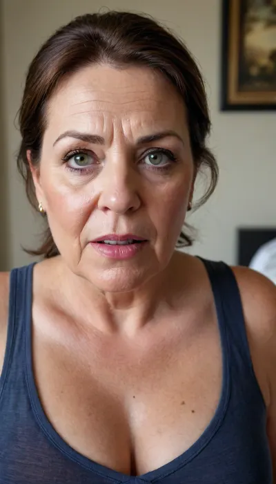 ultra realistic, fat older woman wearing a tight v-neck sleeveless shirt standing in a modern bedroom, 50yo, milf, brunette, bbw, round face, open mouth, looking at viewer, flirting, (expressive eyes, striking eyes, captivating eyes, mesmerizing eyes), (detailed skin texture, skin imperfections), (age-appropriate skin condition, wrinkles, wrinkled skin, wrinkled face)