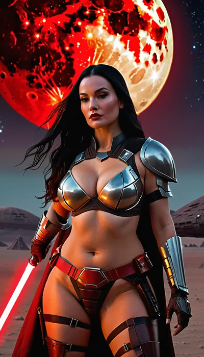 A chubby Mandalorian, (hourglass waist), long black hair, medium breasts, shaved vagina, large and perfect buttocks, wearing revealing sexy black armor, (no bra, no armor panties), with red details, pale white skin on display, on the moon, with a spaceship in the background, wielding a red lightsaber. D&D, fantasy, highly detailed, digital painting, ArtStation, sharp focus, fantasy art, illustration, 8K, in the style of Greg Rutkowski. It is an absolutely magnificent work of art. An aesthetically pleasing piece, with impeccable attention to detail and impressive composition.