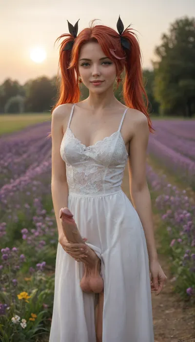 masterpiece, best quality, good quality, very aesthetic, absurdres, newest, 8K, depth of field, bokeh, prinz eugen, (azur lane), twin tails, amber eyes, black eyeliner, peaceful smile, white linen dress, walking through endless purple lavender field, provence sunset, golden hour, warm orange-purple sky, ultra detailed flowers, detailed dress, futanari, mastrubation, erect penis, hard penis, sagging testicles, veiny cock, leaking precum, throbbing cock