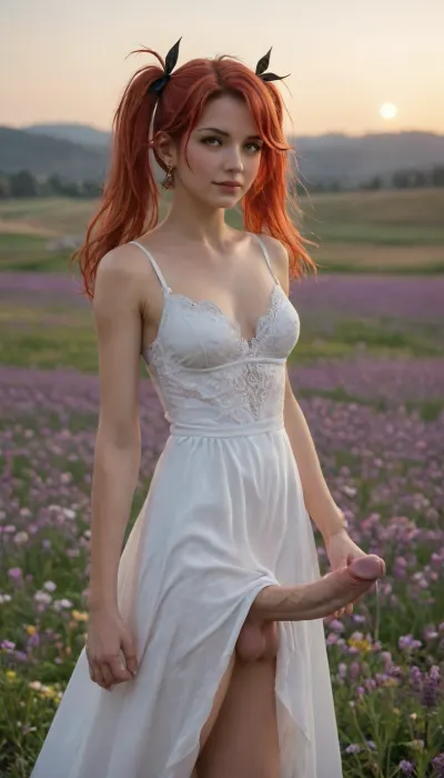 masterpiece, best quality, good quality, very aesthetic, absurdres, newest, 8K, depth of field, bokeh, prinz eugen, (azur lane), twin tails, amber eyes, black eyeliner, peaceful smile, white linen dress, walking through endless purple lavender field, provence sunset, golden hour, warm orange-purple sky, ultra detailed flowers, detailed dress, futanari, mastrubation, erect penis, hard penis, sagging testicles, veiny cock, leaking precum, throbbing cock