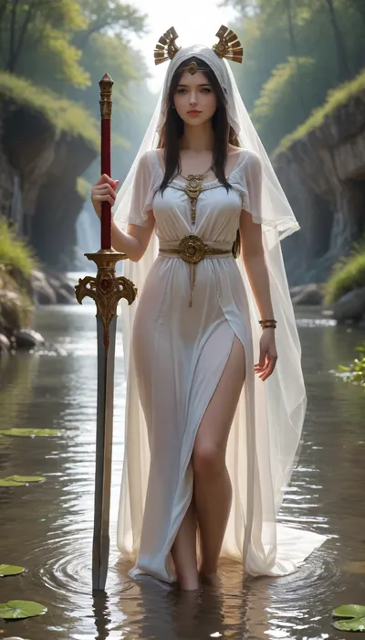 Masterpiece, hyper-realistic, hyper-defined anatomy, full_image_view, 4k resolution, extreme wide shot, extreme long shot, Ancient Priestess of Water, Nimue the lady of the lake, emerges from the middle of a lake, she is holding the legendary great sword Excalibur, (both of her hands are clasping the hilt, (her right hand is above her left hand), and her left leg is wrapped around the front of the blade), in front of her and the blade is pointed down