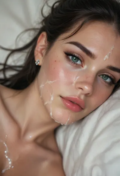 1girl, slavik, 21yo, very tight, insanely hot, very skinny, large breasts, very long black hair, ruined hairstyle, (very long eyelashes:1.3), natural makeup, eyeliner, mascara, eye shadow, mascara tears, big lips, big green eyes, lying on the side on bed in expensive suite, head on the neck, (she is submissive looking at viewer), eye contact, silver jewelry, nude, (excessive cum on face), view from side over her body, close up face, shaved pussy, skin imperfections, <lora:BUT_SDXL_SHS:1.4>, <lora:bombshell_v2:1.1>