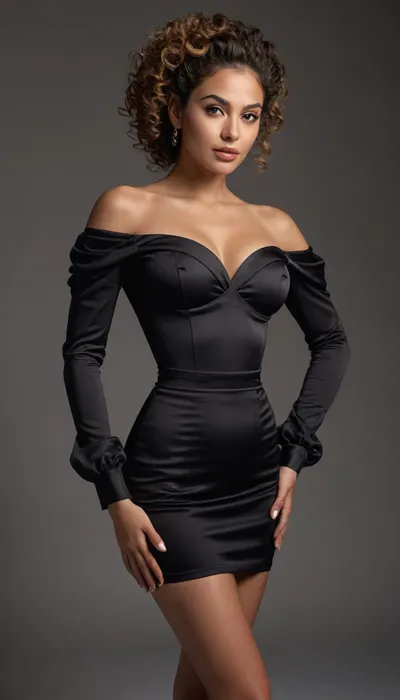 A full-body portrait of a confident 45yo curvy tall woman posing in a studio with a clean light gray background. HAIR, (EXTREME DETAIL), High curly ponytail positioned high on the crown, secured with a dark elastic band. Medium-brown base with warm amber and copper micro-highlights. Curls are tight, uniform ringlets with precise spiral geometry, multidirectional light refraction, gloss-enhanced moisture, high volumetric density, minimal controlled flyaways for realism. Sleek, brushed-up crown section with tension-lifted root structure and smooth gradient sheen.

OUTFIT, She wears a luxurious satin fitted black off-shoulder mini dress with long puffed sleeves, a deep sweetheart neckline, and gentle ruching along the waist and skirt. Her legs are crossed slightly in front of each other in a relaxed, elegant pose. Long wavy hair, center part, natural glam makeup, smooth warm-toned skin, subtle highlights. Wearing black ankle-strap high heels. High-resolution fashion photography, soft diffused lighting, crisp details, smooth fabric texture, realistic skin, clean edges, MAKEUP, • Skin, Even, matte-soft finish with microtexture visibility, subtle subsurface scattering, pore-level realism, smooth contour transitions. • Contour/Blush, Warm bronzer sculpting the cheekbones with deep gradient buildup, peach-bronze blush fused seamlessly into contour, no harsh boundaries, soft feathered diffusion. • Eyes, Multi-layer golden-brown shimmer eyeshadow with fine metallic particulate, perfectly blended inner–outer gradient, precise upper eyeliner with invisible feather edge, long curled lashes with individual fiber geometry, lower lashes subtly defined. • Brows, Strong arched brows, individually resolved hair strands, natural density distribution, professionally groomed. • Lips, Berry-rose satin lipstick with subtle hydration sheen, smooth microtexture, accurate specular highlights, crisp and symmetrical lip lines.

LIGHTING / SCENE, High-end beauty lighting array, soft frontal key, faint fill, micro-controlled rim light separation, accurate skin bounce light, smooth shadow roll-off. Neutral gray studio backdrop with soft gradient, zero distractions.

CAMERA / RENDERING, 85mm portrait lens simulation, shallow depth of field, bokeh with clean edge fringing, HDR tonal range, ultra-sharp capture, photorealistic shading, physically accurate reflections, fine-detail preservation, anti-aliasing precision, magazine-grade editorial finish.

MOOD / TONE, Elegant, confident, polished, professional beauty photography aesthetic.

STYLE DIRECTIVES, Hyper-realistic, extreme clarity, anatomical accuracy, high color accuracy, cinematic micro-contrast, controlled specularity, no distortion, zero noise, flawless high-end beauty editorial rendering.