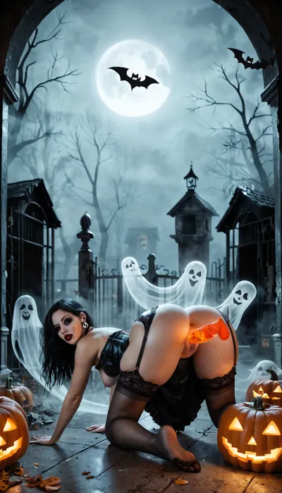 Pumpkin Jack, Jack-o'-lantern, Halloween, abandoned crypt, fog, night, ethereal penis, chubby woman, medium breasts, pink areolas, erect nipples, shaved vagina, goth, long black hair, red lipstick, corset, choker, garter belt, stockings, dress, ghost penis, flying ghost penises, wet body, (((on all fours, sticking her butt out))), rear view, ghost, perfect face, dead hands emerging from the ground, transparent penis, five penises, penis flying around the woman, double penetrations, legs spread, legs up, ghost in orgy, transparent, transparent entities, person, P8mpkin, <lora:ghosts person 1a:.9>, <lora:Aether_Ghost_v1.1_LoRA:.9>, <lora:P8mpkin_SDXL:.8>