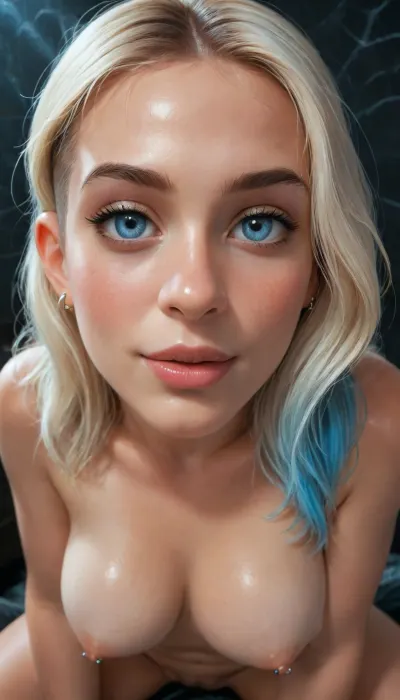 (close-up of her face), (1girl), solo focus, (long hair), (Spider Gwen:1.4), (shaved head), blue highlights, smiling, (pointy breasts), (retrousse tits), (tiny nipples), (black lipstick), (huge bbl ass), (shiny skin), (large breasts), pierced nipples, (shaved pussy), (albino skin:1.3), (perfect mouth), (perfect lips), naked, little pubic hair, (black walls), (bright neon lighting), (close up:1), (reiq:1.3), (incase:1.2), (from above:1), hourglass