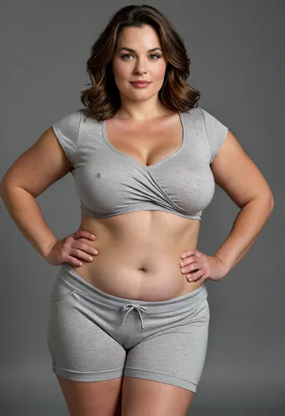 Full figured, Housewife, 45yo, curvaceous, mature woman, white T-shirt, heather grey shorts, fabric impression, subtle contour, faint outline, texture, clothing silhouette, soft material tension, gentle fabric pressure, natural body shape, realistic fabric behavior, thin stretch fabric hugging contours, soft fullness, natural ptosis, relaxed sagging shape, squishy volume, gentle cleavage, rounded abdomen, draped fabric hinting bust shape, side contour bust profile, mature bust realism, torso curvature, plush lower torso, soft contour, gentle fullness across hips, thick shapely thighs, natural softness, complementary stance, soft hourglass silhouette, hips wider than waist, natural body proportions, full rounded hips, outward curve, balanced figure, naturally curvy figure, cinched waist, balanced proportions, ample bust, gentle drape, age-appropriate physique, photorealistic, plus-size figure, tight stretch fabric, natural body shape impression, tasteful outfit, confident stance, natural realism, puffy lips, <lora:style_lora_realis:.8>