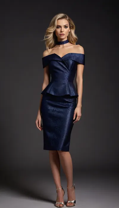 full view including heels, 1girl is a tall, athletic, glam, sophisticated, 45yo blonde lady, voluminous, perfectly blown-out blonde hair with lustrous shine, smooth texture, and dramatic face-framing waves. Hyper-polished glam makeup, airbrushed glass-like complexion with intense highlight and sculpted contour, high-drama lashes, bold winged eyeliner, metallic rose-gold and champagne eyeshadow with radiant shimmer, precision-shaped brows, and full glossy lips in a vibrant pink sheen. High-fashion, red-carpet, luxury beauty aesthetic with ultra-sharp detail, 1girl wearing A sophisticated couture-style navy midi dress with a sculptural off-the-shoulder portrait neckline, elegantly folded into an architectural collar. Three-quarter fitted sleeves. Tailored bodice with a precise waist seam and an asymmetric structured peplum panel. Deep navy jacquard fabric featuring raised floral patterns woven in a slightly brighter blue thread, giving a textured, satin-sheen relief effect. Pencil-cut skirt falling to mid-calf, with floral motifs becoming denser toward the hem. Luxurious, high-end material, clean lines, refined silhouette, modern and polished design. 1girl wearing luxury women’s metallic heeled sandals with a slim stiletto heel, elegant minimal strap design, open toe, high-shine silver finish with clean reflective surfaces. Delicate ankle strap with a small buckle, refined modern silhouette, premium evening footwear. Photorealistic product display, soft studio lighting, high-resolution fashion accessory photography, crisp edges, perfect reflections, smooth metallic texture